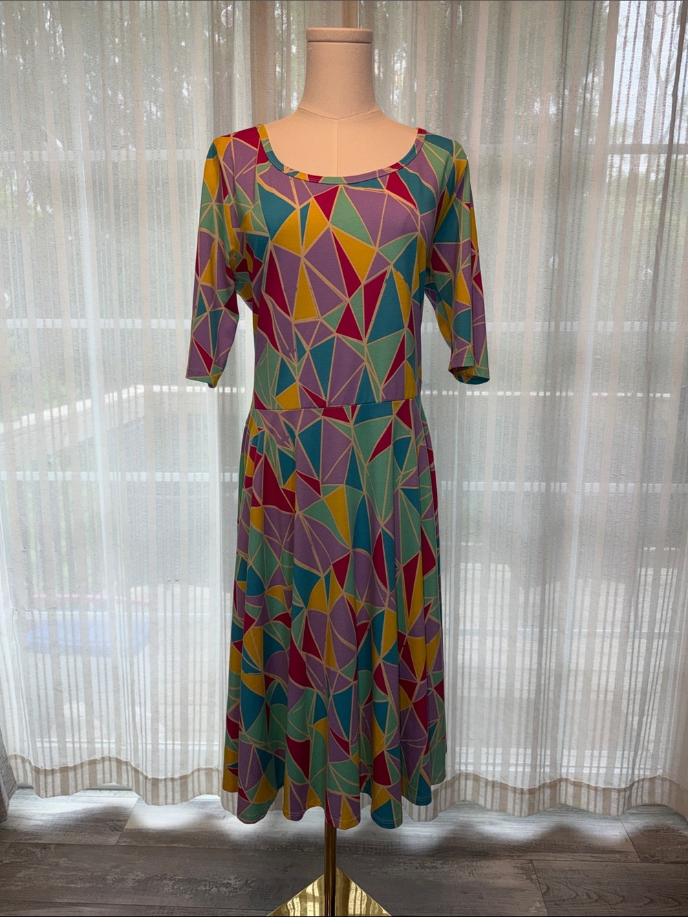 LuLaRoe Ana Geometric Dress in Teal, Purple, Yellow & Pink
